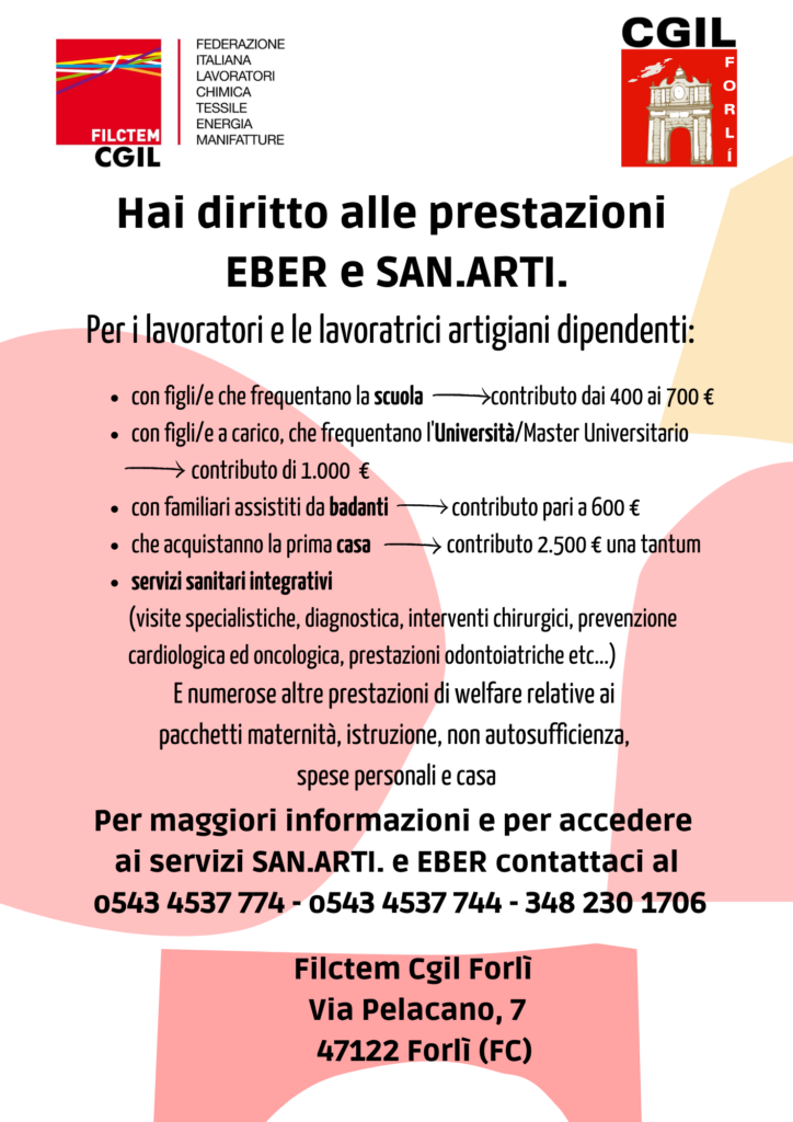 Prestazioni EBER e SAN.ART. per artigiani dipendenti, accedi a contributi e al piano sanitario. Via Pelacano  7 Forlì 