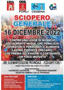 SCIOPERO GENERALE 16 dicembre ore 10.30 Manifestazione Provinciale in Piazza Saffi Forlì